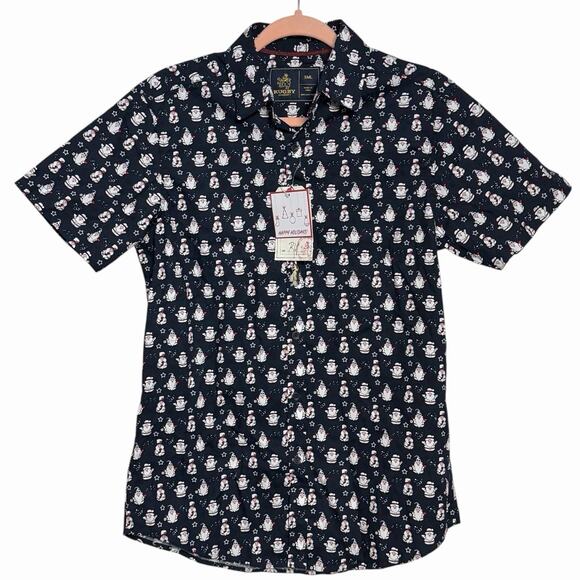 NWT MENS RUGBY UNIVERSITY CHRISTMAS NOVELTY BUTTON UP SHIRT GNOMES SNOWMEN SZ S - Picture 1 of 6